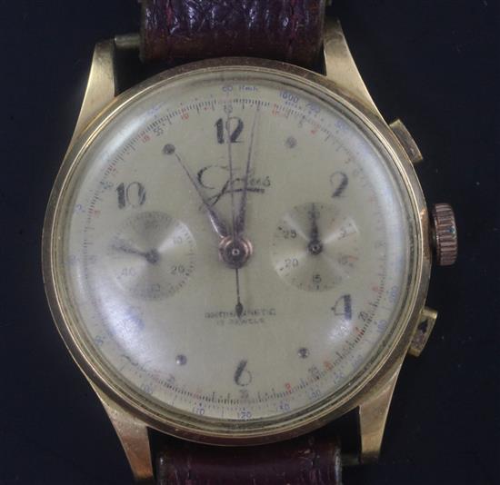 A gentlemans 1940s? Swiss 18ct gold Jolus manual wind chronograph wrist watch,